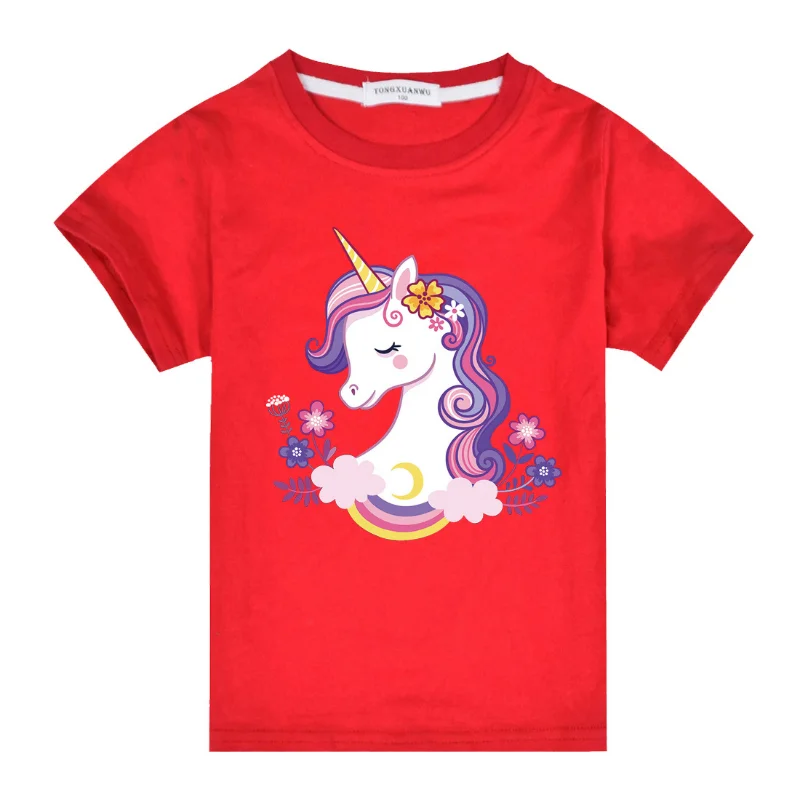 Детская летняя футболка для девочек, хлопковая футболка с милым мультяшным единорогом, футболки Kawaii для маленьких девочек, топы больших размеров для подростков