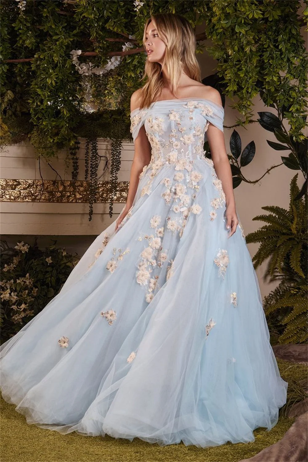 Платье для выпускного вечера с открытыми плечами ручной работы Cathy 2023, вечерние платья с 3D цветами, детское платье принцессы из голубого тюля, Vestidos De Noche