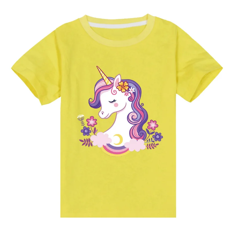 Детская летняя футболка для девочек, хлопковая футболка с милым мультяшным единорогом, футболки Kawaii для маленьких девочек, топы больших размеров для подростков